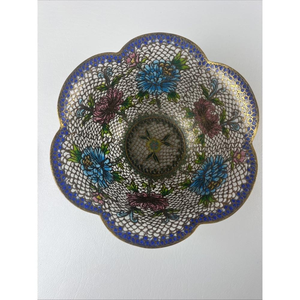 Vintage Chinese Plique-a-Jour Cloisonne Bowl Translucent Floral Enamel Scalloped